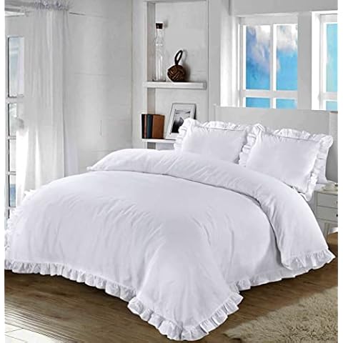 Night Zone Santiago Duvet Cover Bedding Set Frilled Edge Easy Care Polycotton Plain Pattern Ruffle Frill Corner with Pillowcases (White, Double) Cover