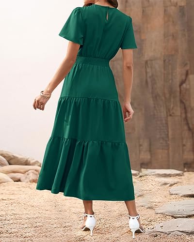 Image of PRETTYGARDEN Women's Casual Smocked Boho Floral A-Line Maxi Dress 2026 | Summer Short Flutter Sleeve Crewneck Tiered Long Sundress,Fall Wedding Guest Dresses,Spring Cute Flowy Beach Vacation Clothes