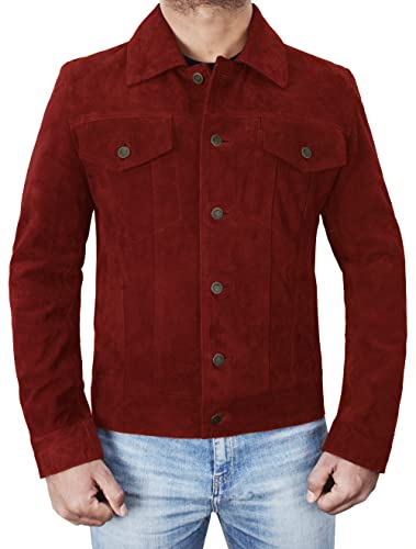 Image of Mens Premium Brown Suede Leather Trucker Jacket - Vintage Classic Motorcycle Western Goat Leather Coat