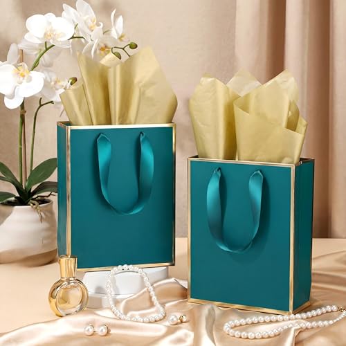 Image of Yeaqee 24 Pack Metallic Paper Gift Bags, Turquoise, Gold | with Satin Ribbon Handle and Tissue, 9x7x3.1 Inch, Suit Business, Birthday, Christmas, Thank You Return Gifts Bags