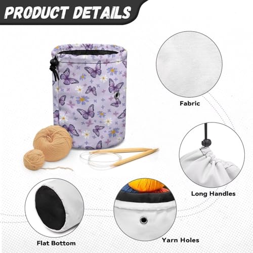 Image of Sellikakes Purple Butterfly Yarn Bag Crochet Storage Organizer, Knitting Crochet Storage Bag for Crocheting Project, Store Skein Ball, Short Knitting Needle Sewing Supplies Accessories