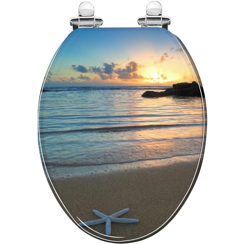 DANIELS STANDARD ROUND GREEN SEASHELL and SEAHORSE RESIN TOILET SEAT, CHROME HINGES