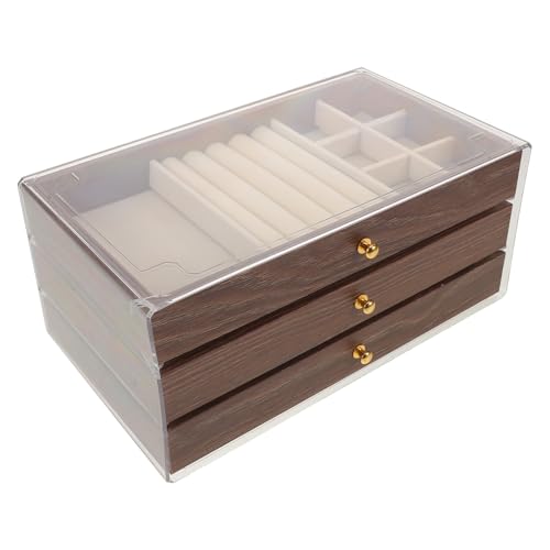 VANZACK Joyero Vintage de Madera de Nogal Natural, Organizador de Joyas de Encimera con 3 Cajones para Pendientes, Anillos y Collares, Caja de Almacenamiento de Joyas para Mujer, Caja