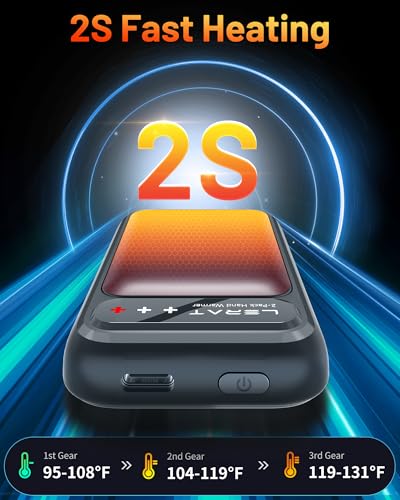 Lerat Hand Warmers Rechargeable 2 Pack, Electric Hand Warmers, Fast Heating, Portable Pocket Heater, 2 in 1 Quick Charge Hand Warmer for Outdoor Indoor, Warmer Gift for Women,Men, Golf, Camping -Black image 5
