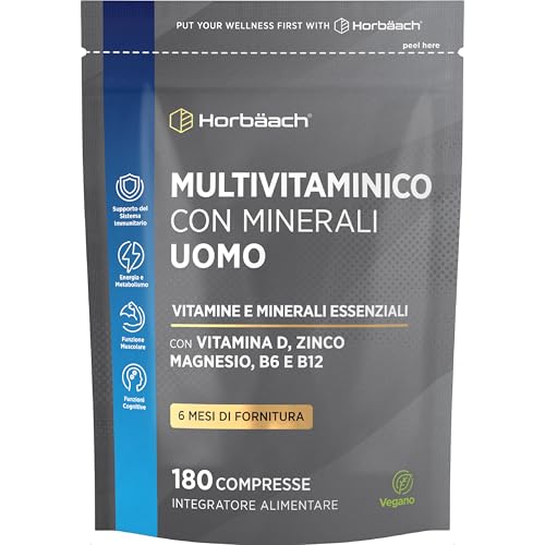 Multivitaminico Uomo | 180 Compresse Vegane per 6 Mesi | 28 Vitamine e Minerali Essenziali Come Vitamina C, D, B6, Zinco e Magnesio | Men Multivitamin Supplement | di Horbaach