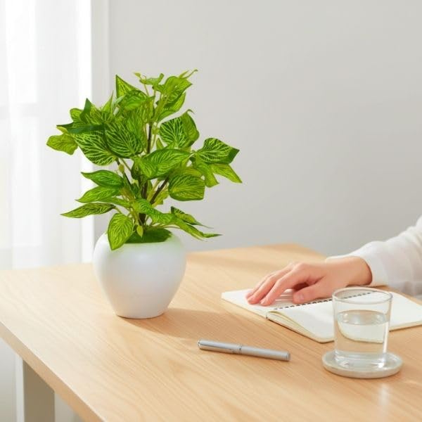 Image of fancymart Artificial Plant Leaves in Apple Pot (30 cm Height) | Small Potted Plant for Office Desk | Home Decor for Living Room | Cafe & Restaurant Table Decoration