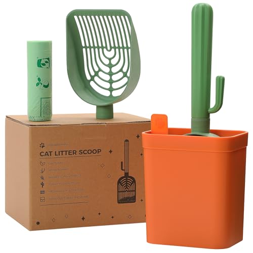 MUTTROS Cactus Cat Litter Scoop with Holder, 2 Replaceable Shovels, Green | Wheat straw plastic; ABS handle; Trash bag storage