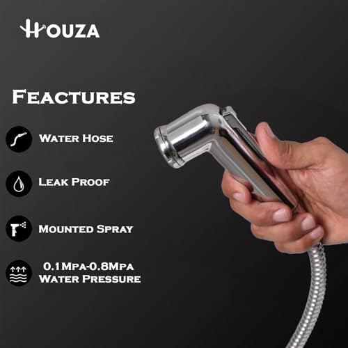 Image of HOUZA Complete Jet Spray Kit for Toilet Use - 1Meter Flexible Hose, Wall Hook & Quick DIY Installation, Durable, Everyday Hygiene Solution & No-Leak Design