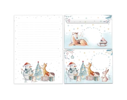 Briefpapier Set Weihnachten Weihnachtsmotiv Schneemann Blöcke Umschläge Kindermotiv für Jungen Mädchen Weihnachtsbriefpapier (Block A5 mit 25 Blätter + 15 Umschläge)