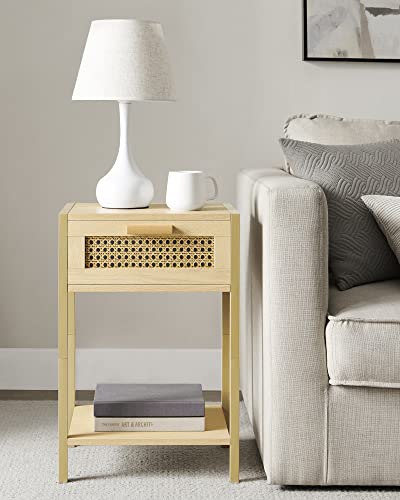 Hilinsie Rattan Nightstand - Accent End Table With Storage Shelf And Drawer, Wooden Bedside Tables With Metal Frame, Modern Side Table For Bedroom, Living Room, Natural Walnut And Yellow #TOP2