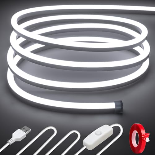 3m USB LED Neon Strip Lights White，Cozylady Waterproof 6000K LED Rope Light 120LED/M, USB Cable with Switch, Flexible Silicone Neon Strips for Mirror Wardrobe Kitchen DIY Home