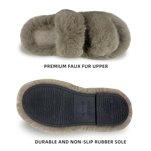 Womens Fuzzy Slippers Warm Comfy House Shoes with Faux Fur Lining Two Bands Non-Slip Sole Warm Fluffy Bedroom Cozy Open Toe Slippers for Indoor and Outdoor3