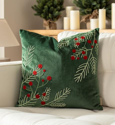Embroidered Christmas Pillow Cover, 18x18 Forest Green