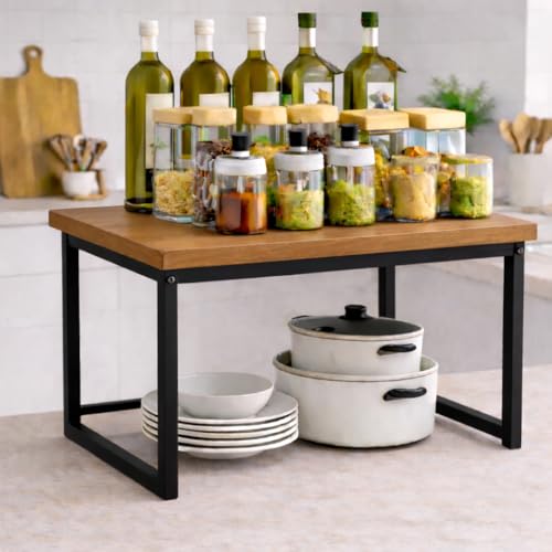 Image of MTANK Kitchen Countertop Organizer Rack for Microwave, Toaster & Jars - Sturdy Wooden & Metal Frame Stand with Storage Shelf | Large Spice Rack Storage Counter Shelf-Black Microwave Stand | (Brown)