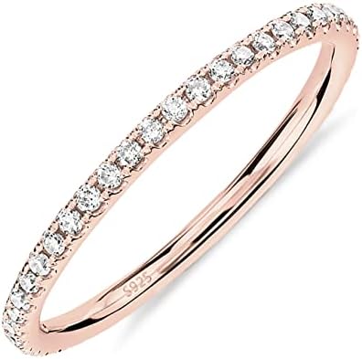 PAVOI 14K Rose Gold Plated 925 Sterling Silver Stackable CZ Ring for Women | Thin Band for Stacking | Simulated Diamond Eternity Wedding Band | Size 7