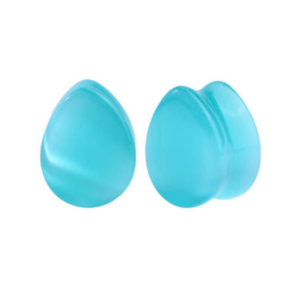Pair of Aqua Blue Cat Eyes Stone Teardrop Plug Double Flare Ear Lobe Plugs E607