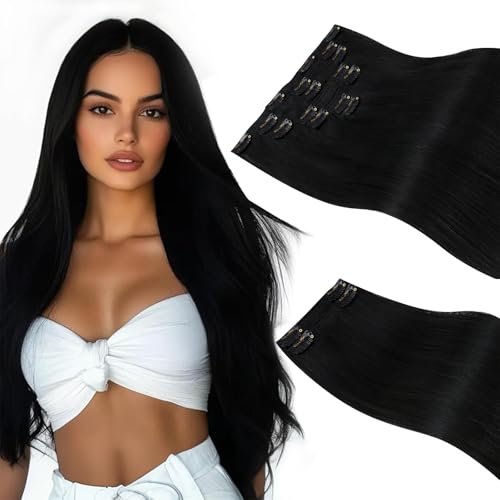 Image of Sunny Hair Clip in Hair Extensions Real Human Hair Jet Black 22 Inch 180g | Straight Clip in Hair Extensions Black Human Hair, Natural Blend, Full Bodied Look and Fuller Coverage for Braid Styling