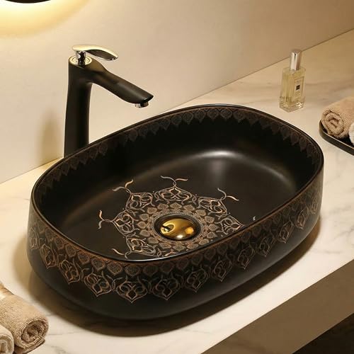 Image of BASSINO 21x14x6 Inches Designer Moroccan Ceramic Table Top Wash Basin /Black Matte & Gold Floral Art Sink for Bathroom /Handcrafted Rectangular Countertop Washbasin for Office /Hotel(Matt)