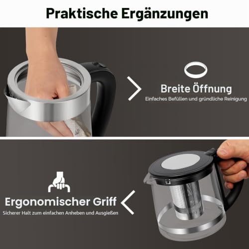 Teekocher Doppelflammiger 2.5L+1000ml Wasserkocher Glas 1500W Electric Kettle Touchscreen/Tasten Steuerungsmodus Leise Wasserkocher mit temperatureinstellung, für Kaffee, Tee, Getränke – Bild 2