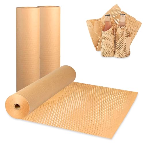 Image of GLUN Honeycomb Paper Wrap Roll 10m x 15inches, Pack of 3, Eco-Friendly Protective Packaging for Fragile Items, Lightweight & Recyclable