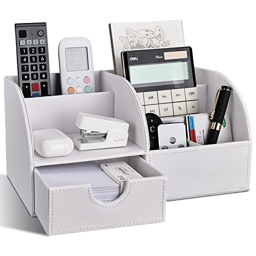 Richblue Schreibtisch Organizer, PU Leder Stiftehalter Schreibtisch, Multifunktionaler Büro Organizer mit Klein Schublade (7 Fächern-Weiß)
