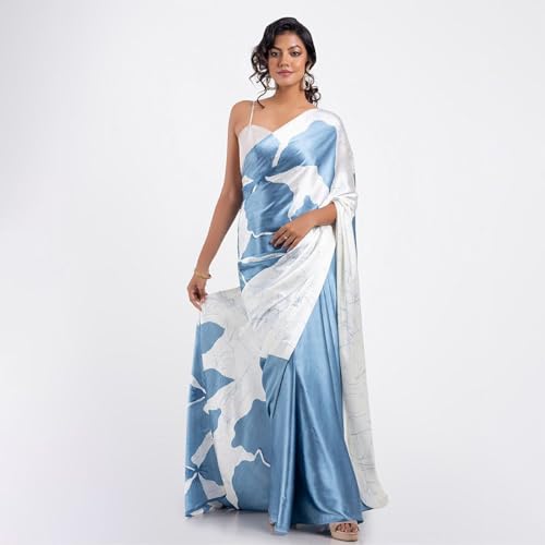 Image of Japan Satin Floral Print Saree for Women with Blouse Piece - Satin Finish Draped Saree
