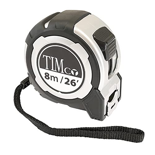 TIMCO 8M Tape Measure - 8m/26ft x 25mm - With locking button, belt clip and hand strap - Metric and Imperial tape measure