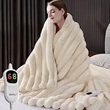 HaloRest Heated Throw Blanket, Faux Fur Cozy Heating Blanket with Overheat Protection, 1/2/4/6/8 Hours Auto-Off 10 Heat Level, Machine Washable (50x60 Inches, Cream White)