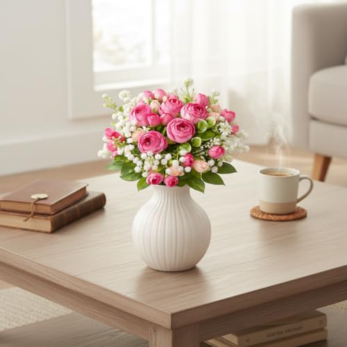 Image of Artificial Flowers Bunch for Home Decor Living Room, Peony Flower with Baby Breath, Decorative Items, Indoor Plants Alternative, Flower Bunch for Vase, 30 cm (Vase Not Included) (Pink Dark)