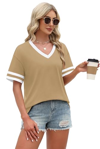 Image of WIHOLL Womens T Shirts Loose Fit Short Sleeve Tees V Neck Color Block Summer Tops 2026 Fashion S-4XL