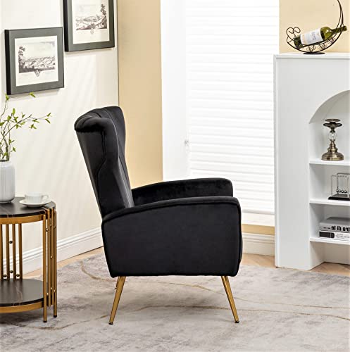 Container Furniture Direct Armchair Modern Velvet Accent Chair, Channel Tufted Bedroom, Office or Living Room Furniture with Elegant Metal Legs, Black