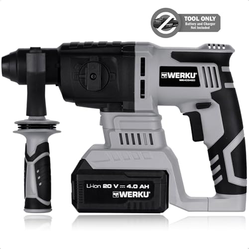 Perceuse Marteau Démolisseur Sans Fil Werku 20 V 4 Ah 0-1250 Tr/min 0-4800 Imp/min 3 J SDS-Plus 35 mm Bois 14 mm Métal 20 mm Béton Guide Profondeur 7 Langues Garantie 3 Ans