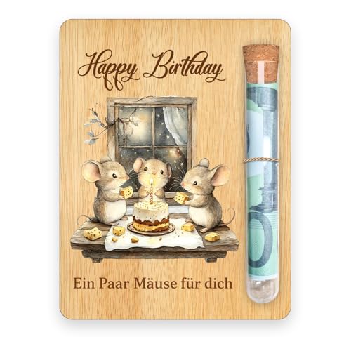 PIujsym Geldgeschenk Geburtstag Holz Karte Ein Paar Mäuse für dich Lustige Geschenkidee für Happy Birthday geldgeschenke geburtstag mit Reagenzglas und Box hölzern Deko Zubehör 13x10cm