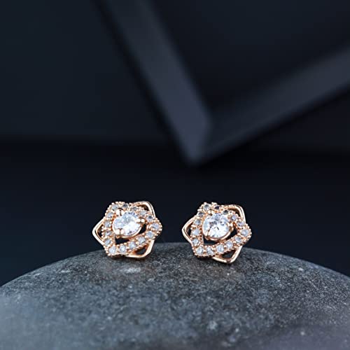Image of I Jewels Valentines Special Stylish Fashion Rose Gold Plated Cubic Zirconia American Diamoand Floral Stud Earrings For Women /Girls
