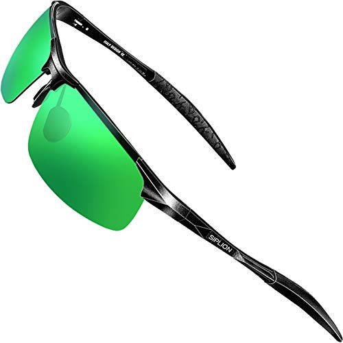 SIPLION Men's Driving Polarized Sport SunglAl-Mg Metal Frame Ultra Light 8177 Black+Green