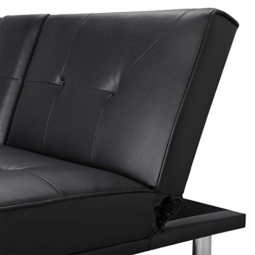Topeakmart Living Room Futon Sofa Bed Faux Leather Sofa Couch Modern Convertible Folding Recliner With Cup Holders Living Room Furniture Sofa Black #TOP7