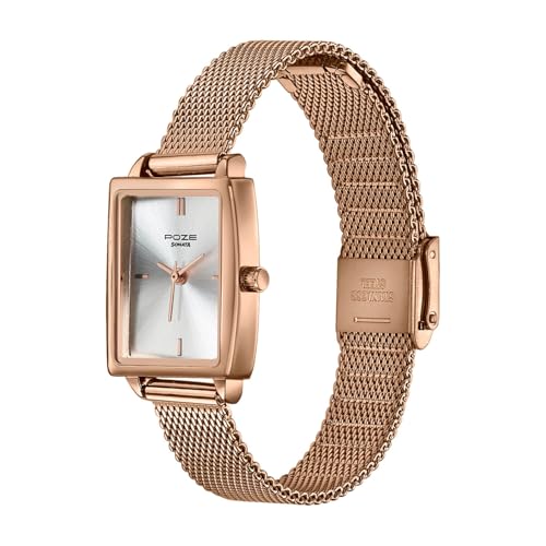 Image of Sonata Poze 8 Quartz Analog Watch and Jewellery Combo for Women with Silver Dial & IP Rose Gold Mesh Strap - SP80174WM01WF