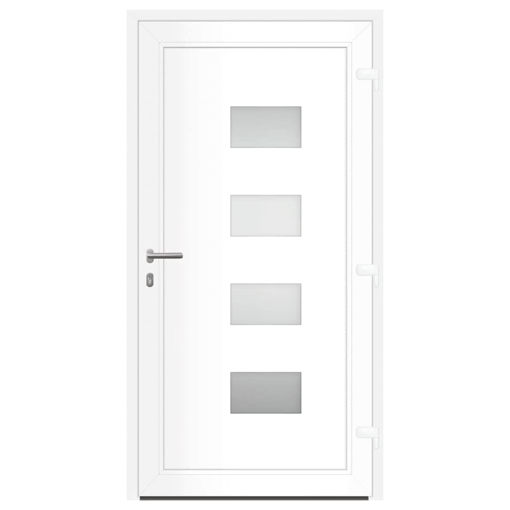 Drzwi wejściowe, białe, 100 x 200 cm, aluminium i PCW z 5-drożnym zamkiem bezpieczeństwa, przeszkleniem izolacyjnym, regulowanymi zawiasami, progiem aluminiowym, izolacją cieplną i ochroną