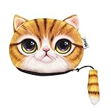 MOSSTYUS Cute 3D Plush Cat Face Coin Purse Kitty Money Bag Pouch Wallet Storage Cosmetic Makeup Case with Cat Tail Zipper, Yellow