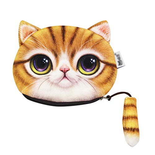 MOSSTYUS Cute 3D Plush Cat Face Coin Purse Kitty Money Bag Pouch Wallet Storage Cosmetic Makeup Case with Cat Tail Zipper, Yellow