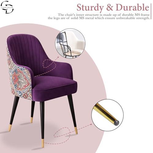 Image of Velvet Accent Chair | Modern Upholstered Dining Chair for Living Room, Office, Lounge & Vanity | Sturdy & Stylish Armchair (Floral, Purple)