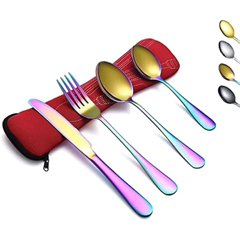 Evanda Portable Utensils, Travel Camping Cutlery Set, Stainless Steel Flatware Set Travel Silverware Dinnerware Set Fork Spoon Knife with a Portable Case (Rainbow) Cover