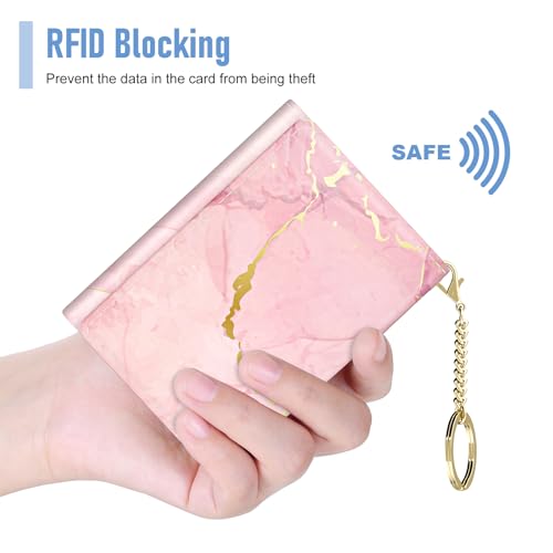 Image of Rouidr Womens Wallet, Small Slim RFID Card Wallets for Women, Cute Front Pocket Trifold Leather Card Organizer with 7 Slots & ID Window, Peach Pink Marble