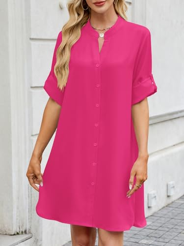 Image of PerZeal Womens Sexy V Neck Button Down Shirt Dresses Summer Short Sleeve Casual Loose Blouses & Button-Down Shifts Cover Ups