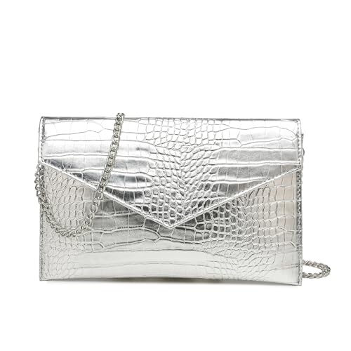 CuteClear Envelope Clutch Purse for Women PU Leather Handbag Evening Bag with Detachable Chain Strap for Wedding Party Prom (Silver-Snake)