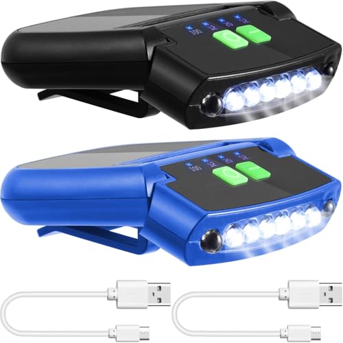 Mudder 2 Pieces LED Clip on Cap Lights USB Rechargeable Cap Flashlight Clip Waterproof Bright Hat Flashlight Headlamp for Fishing Camping Hand Work (Black,Blue)