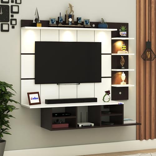 Image of Anikaa Charley Engineered Wood Wall Mount Striped PVC Back Panel TV Unit with Spot LED Lights | TV Cabinet with Open Storage Box (Wenge /White) | Ideal for UP to 43 Inch TVs - DIY Installation