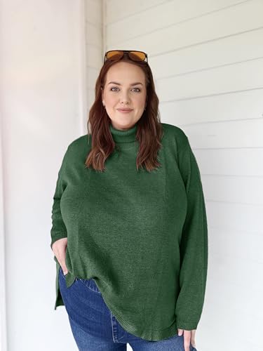 Image of CARCOS Plus Size Sweaters for Women Solid Turtleneck Sweater Long Sleeve Pullover Tops Casual Split Hem Knit Shirts