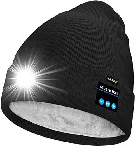 ATNKE Unisex LED Bluetooth Mütze mit Licht Wiederaufladbare USB 4 LED Musik Redner Laufmütze Lampe Winter Warme Gefüttertes Fleece Stricken Mütze für Herren und Damen Geschenke/Black
