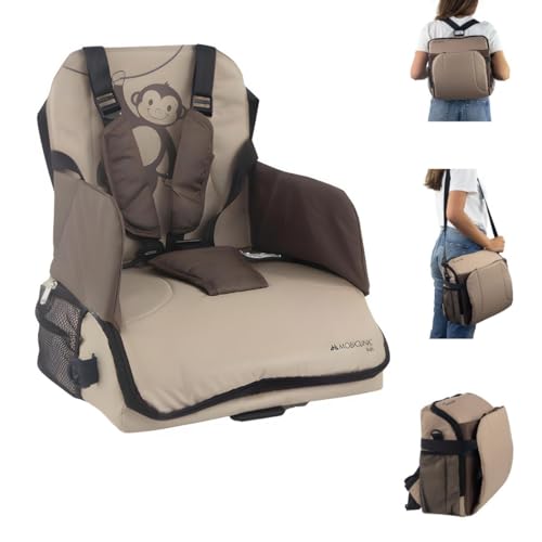 Mobiclinic ®, Trona portátil bebé, Monkey, Trona de viaje, De 6 a 36 meses, Hasta 15kg, Plegable, Arnés Ajustable de 5 puntos, Con almacenamiento, Trona portátil, Silla bebe, Color Beige